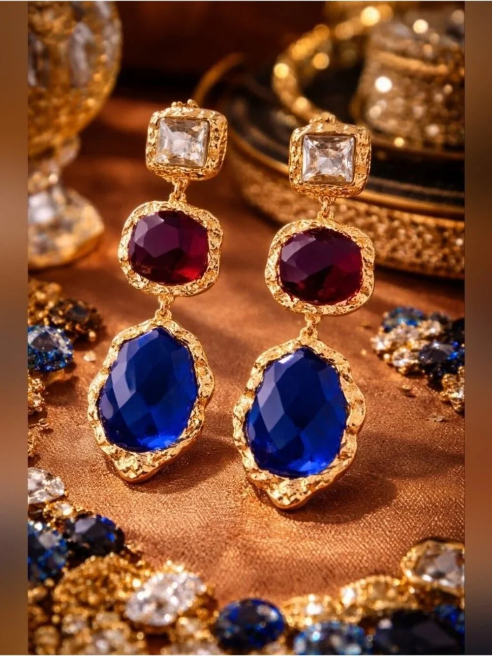 Gold-Tone Earrings with Purple & Blue Stones